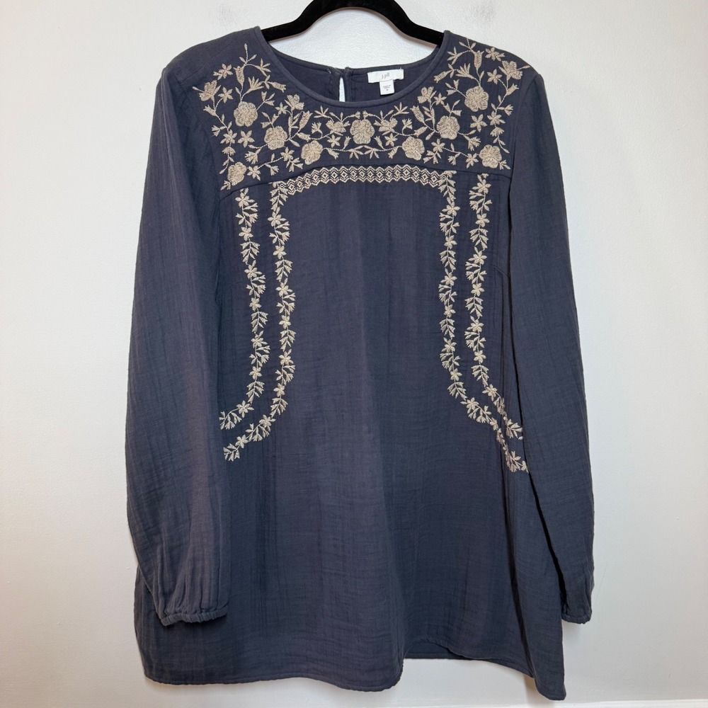 J Jill Blue Floral Embroidered Tunic Top M Boho Cottagecore Prairie Peasant Folk